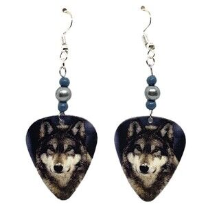 Wolf Face Wolves #K on Guitar Pick Beaded Earrings - Handmade in USA